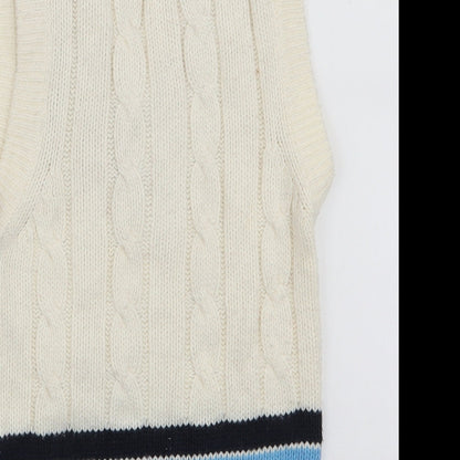 Brand and care label for GM women’s white v-neck striped acrylic jumper, size S