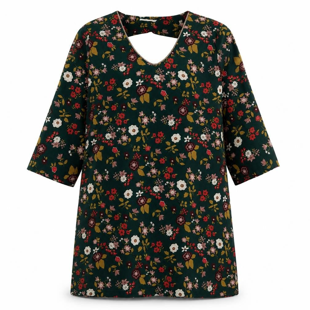 Front view of Lili & Lola women’s green floral polyester a-line, size L, v-neck pullover