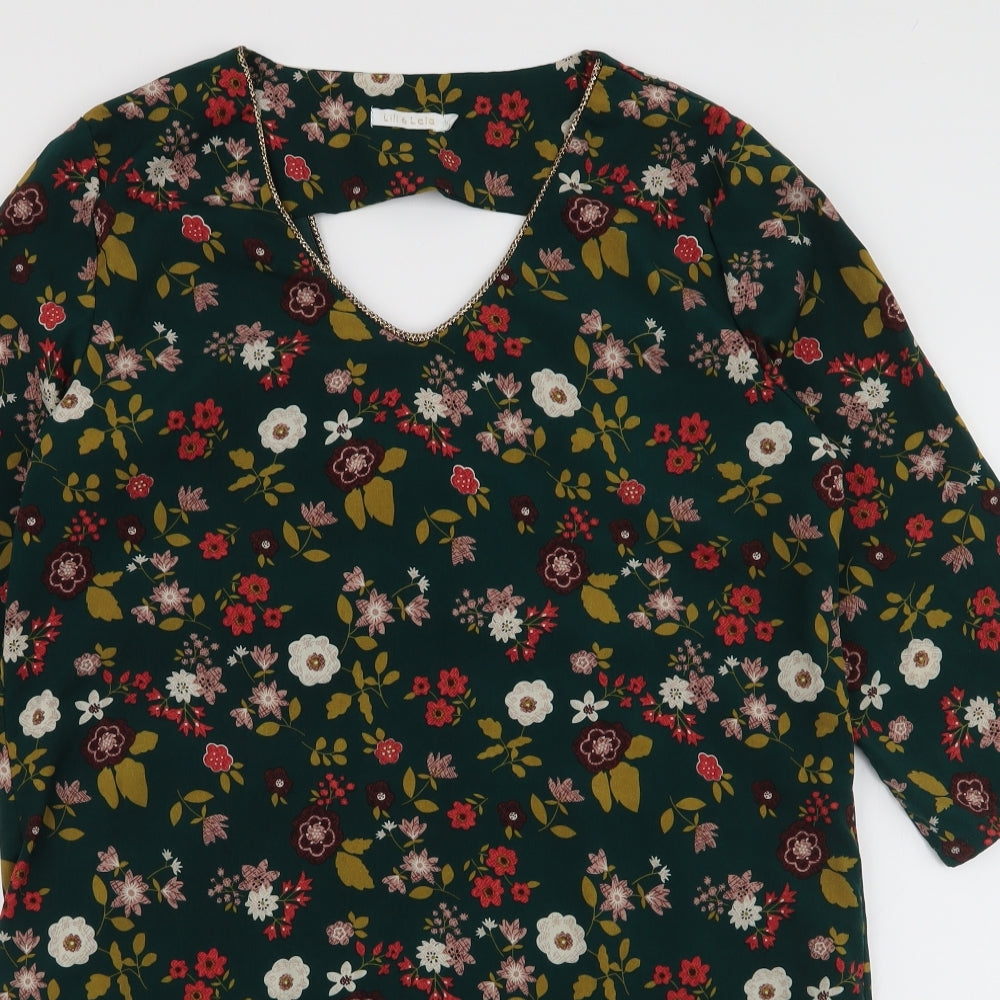 Lili & Lola Womens Green Floral Polyester A-Line  Size L  V-Neck Pullover