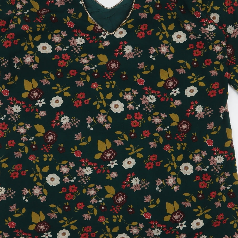 Lili & Lola Womens Green Floral Polyester A-Line  Size L  V-Neck Pullover