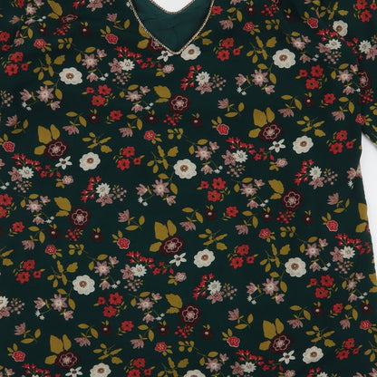 Lili & Lola Womens Green Floral Polyester A-Line  Size L  V-Neck Pullover