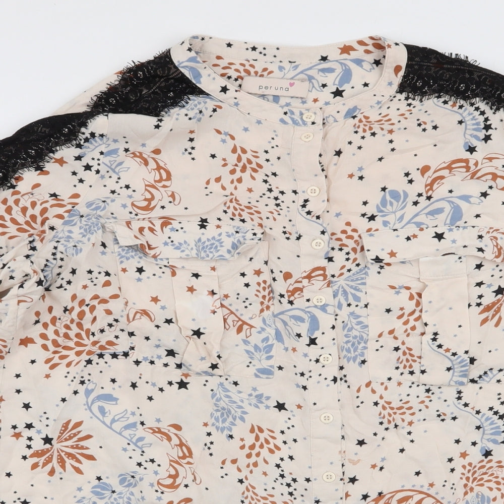 Marks and Spencer Womens Ivory Floral Viscose Basic Button-Up Size 16 Collared