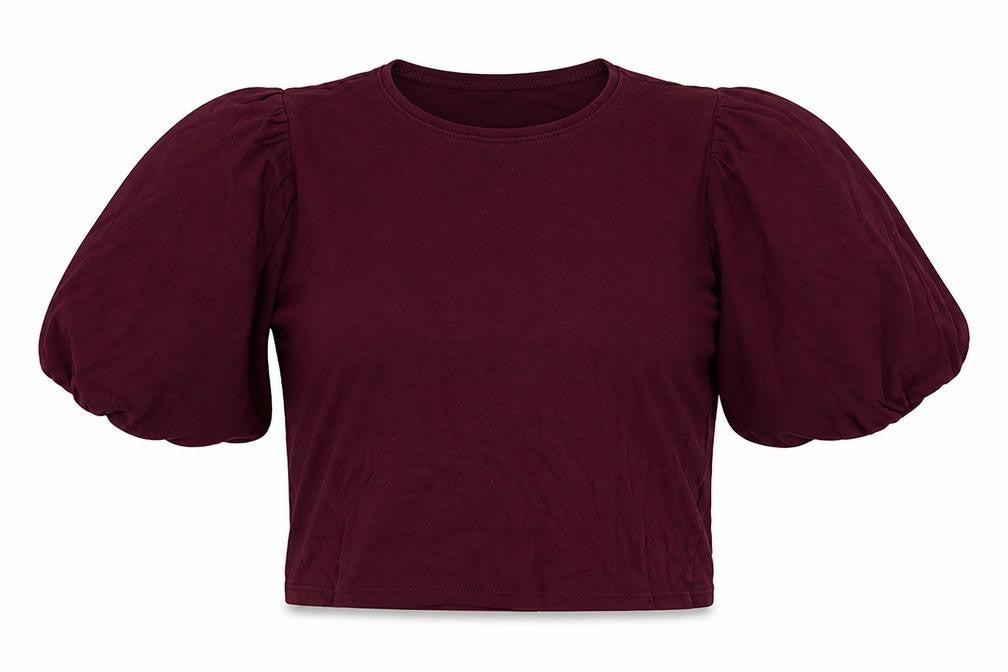 Front view of New Look women’s purple 100% cotton cropped blouse, size UK 10, round neck