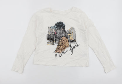 Dunnes Stores Girls White  100% Cotton Jersey T-Shirt Size 8-9 Years Round Neck Pullover - New York