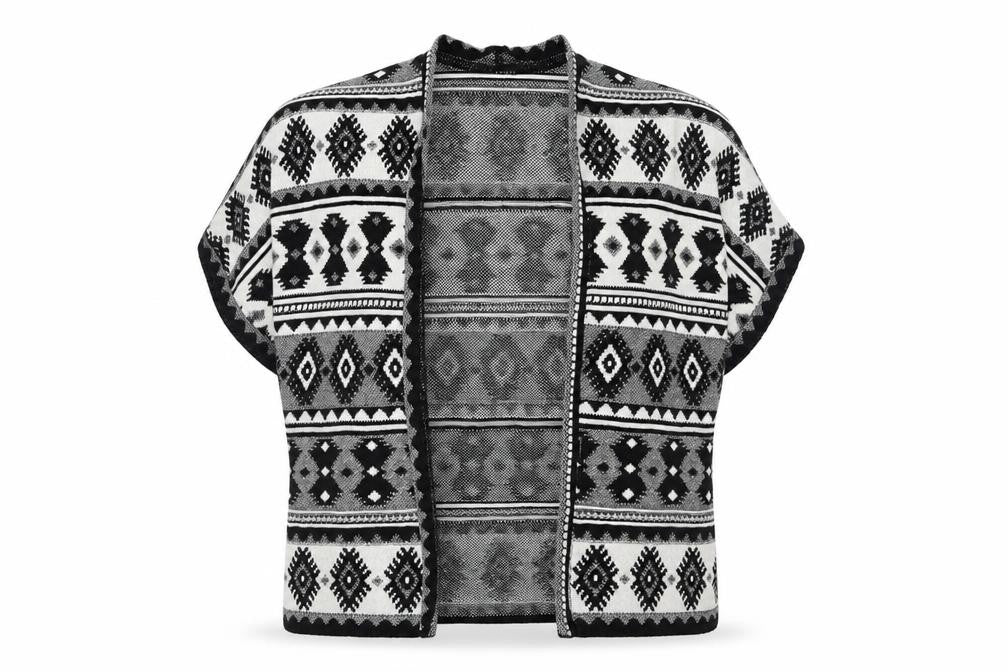 Front view of Atmosphere women’s black v-neck geometric cotton cardigan jumper, size S