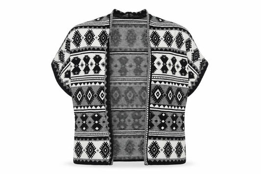 Front view of Atmosphere women’s black v-neck geometric cotton cardigan jumper, size S