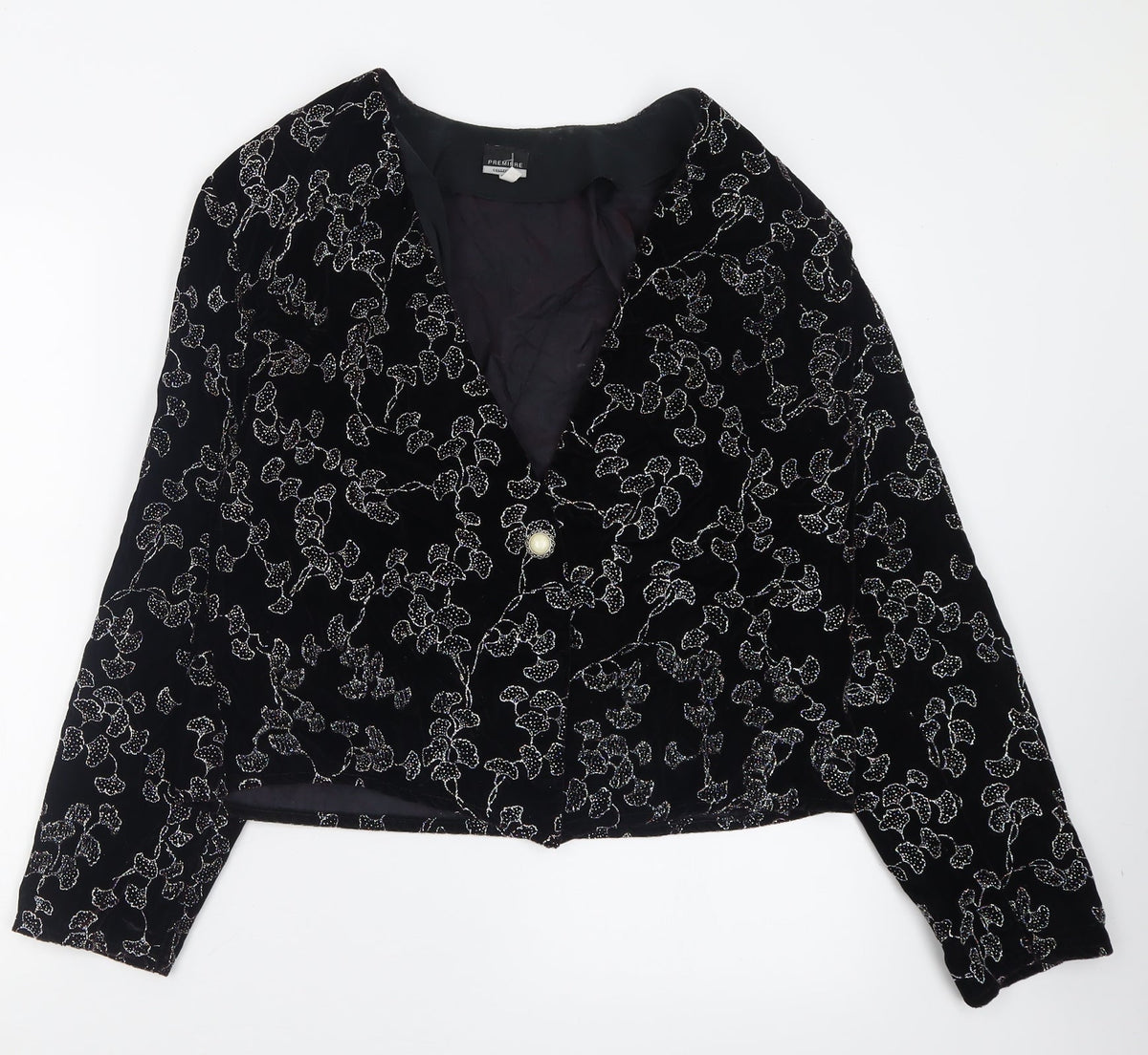 Additional front view of Premiere women’s black geometric jacket blazer, size UK 14, button