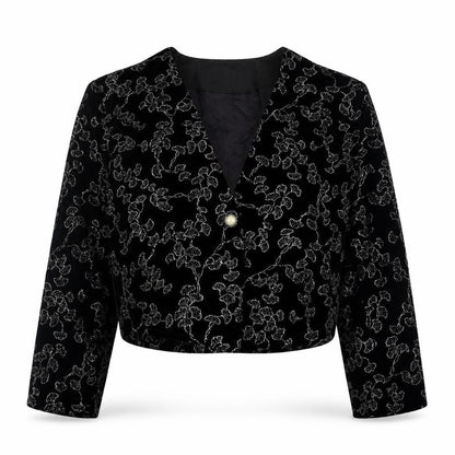Front view of Premiere women’s black geometric jacket blazer, size UK 14, button