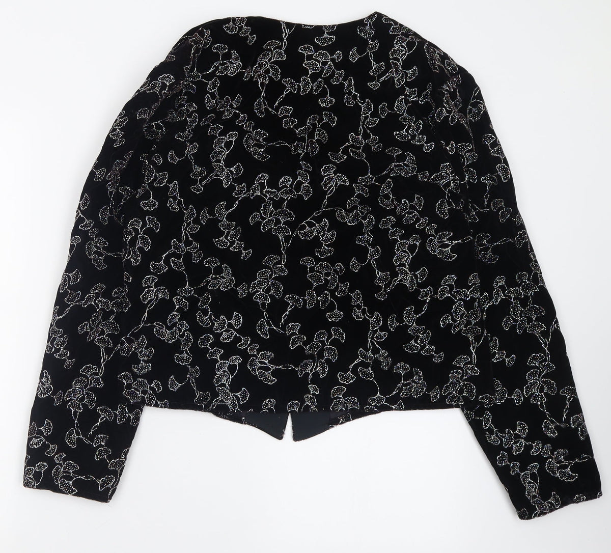 Back view of Premiere women’s black geometric jacket blazer, size UK 14, button