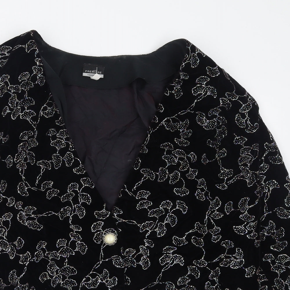 Close-up detail of Premiere women’s black geometric jacket blazer, size UK 14, button