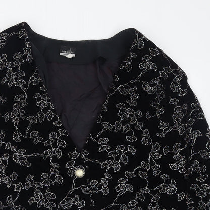 Close-up detail of Premiere women’s black geometric jacket blazer, size UK 14, button