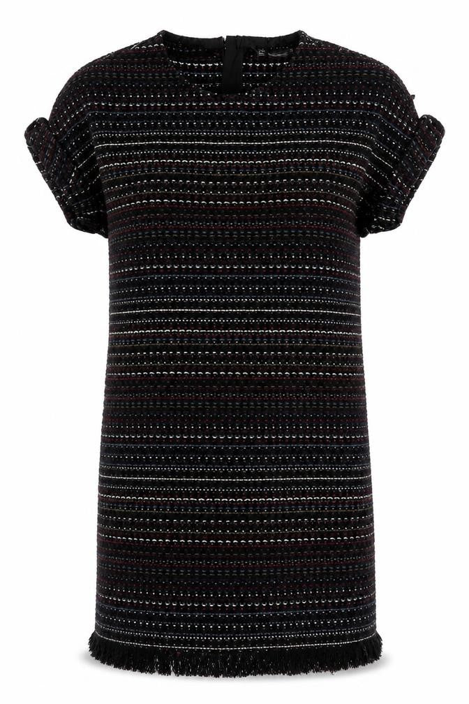 Front view of Zara women’s multicoloured geometric cotton t-shirt dress, size XS, crew neck zip