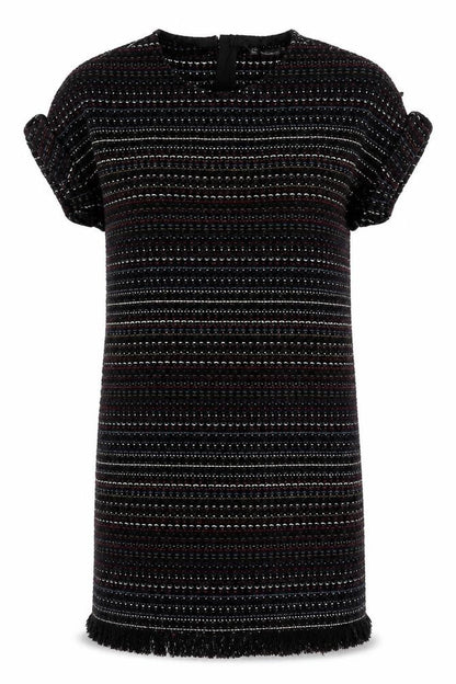 Front view of Zara women’s multicoloured geometric cotton t-shirt dress, size XS, crew neck zip
