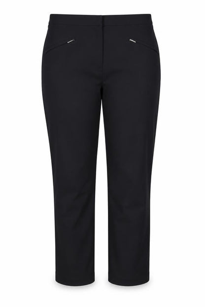Front view of Marks & Spencer women’s black viscose trousers, size UK 12, 30-inch leg regular hook & eye