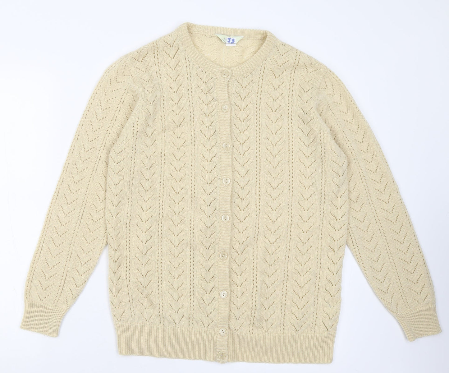 Classic Womens Ivory Crew Neck Geometric Acrylic Cardigan Jumper Size 12
