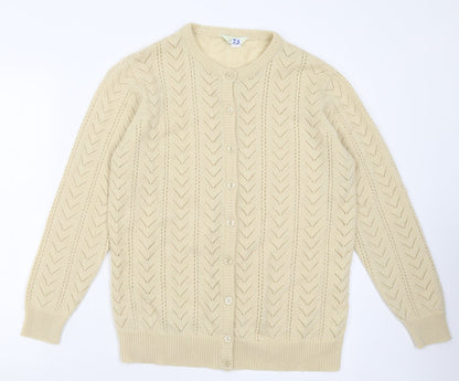 Classic Womens Ivory Crew Neck Geometric Acrylic Cardigan Jumper Size 12