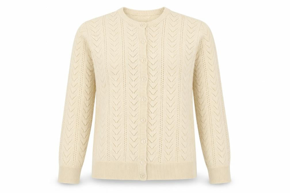 Front view of Classics women’s ivory crew neck geometric acrylic cardigan jumper, size UK 12