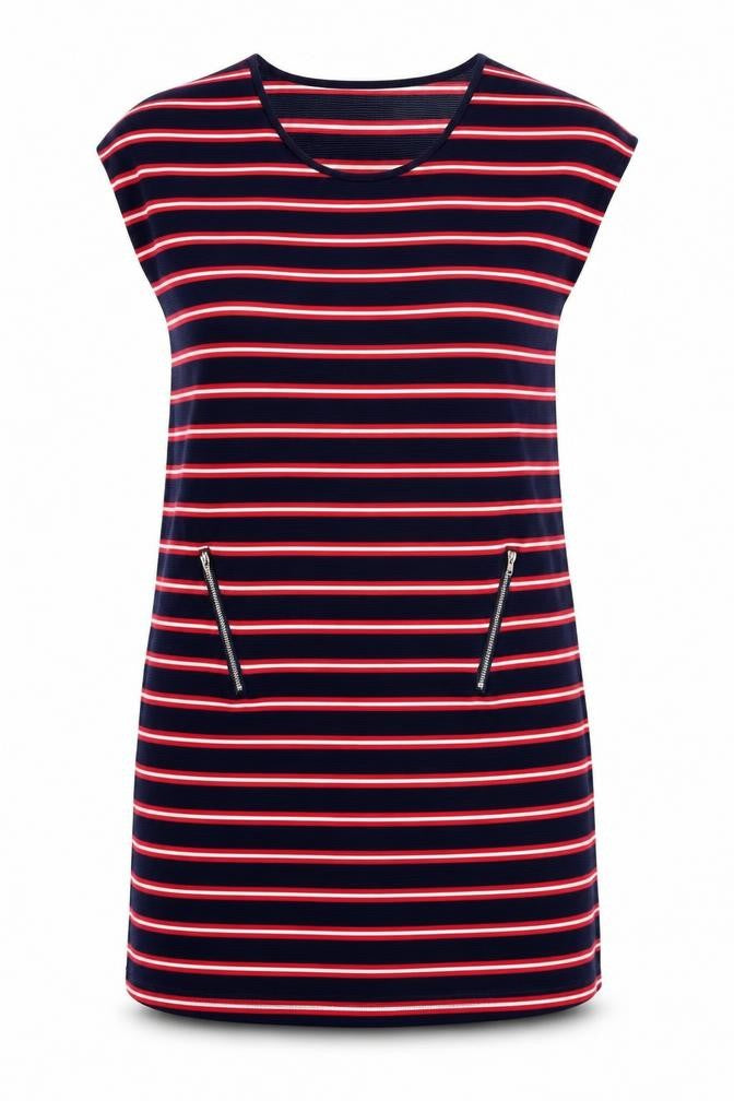 Front view of Vouley Vous women’s blue striped viscose t-shirt dress, size XL, scoop neck pullover