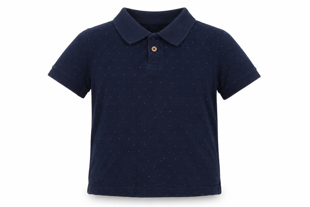 Front view of Mango boys’ blue spotted cotton basic polo, size 6, years collared button