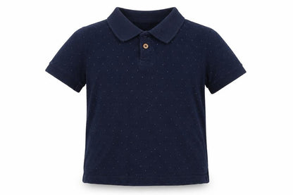 Front view of Mango boys’ blue spotted cotton basic polo, size 6, years collared button