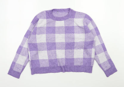Primark Womens Purple Round Neck Check Acrylic Pullover Jumper Size 12