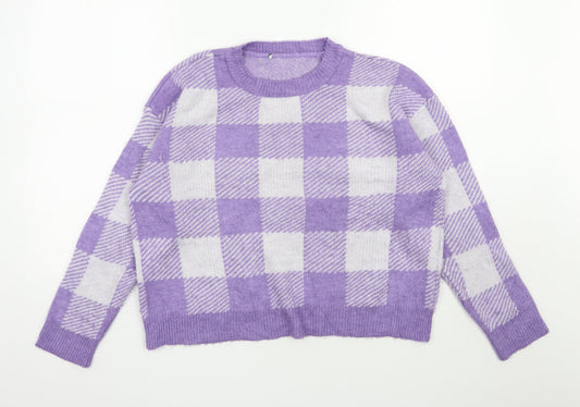 Primark Womens Purple Round Neck Check Acrylic Pullover Jumper Size 12