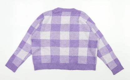 Primark Womens Purple Round Neck Check Acrylic Pullover Jumper Size 12