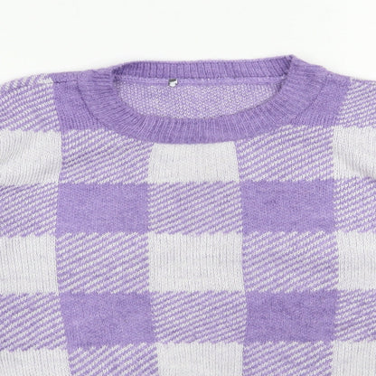 Primark Womens Purple Round Neck Check Acrylic Pullover Jumper Size 12