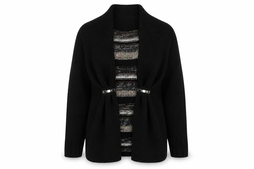 Front view of Roman women’s black scoop neck striped acrylic jumper, size S