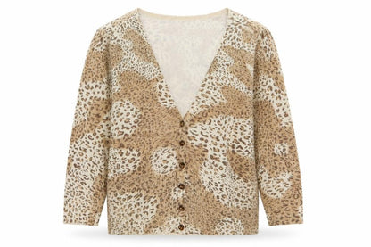 Front view of Evie women’s beige v-neck animal print viscose cardigan jumper, size UK 14
