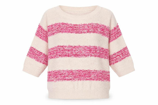 Front view of Originals women’s beige scoop neck striped acrylic jumper, size L