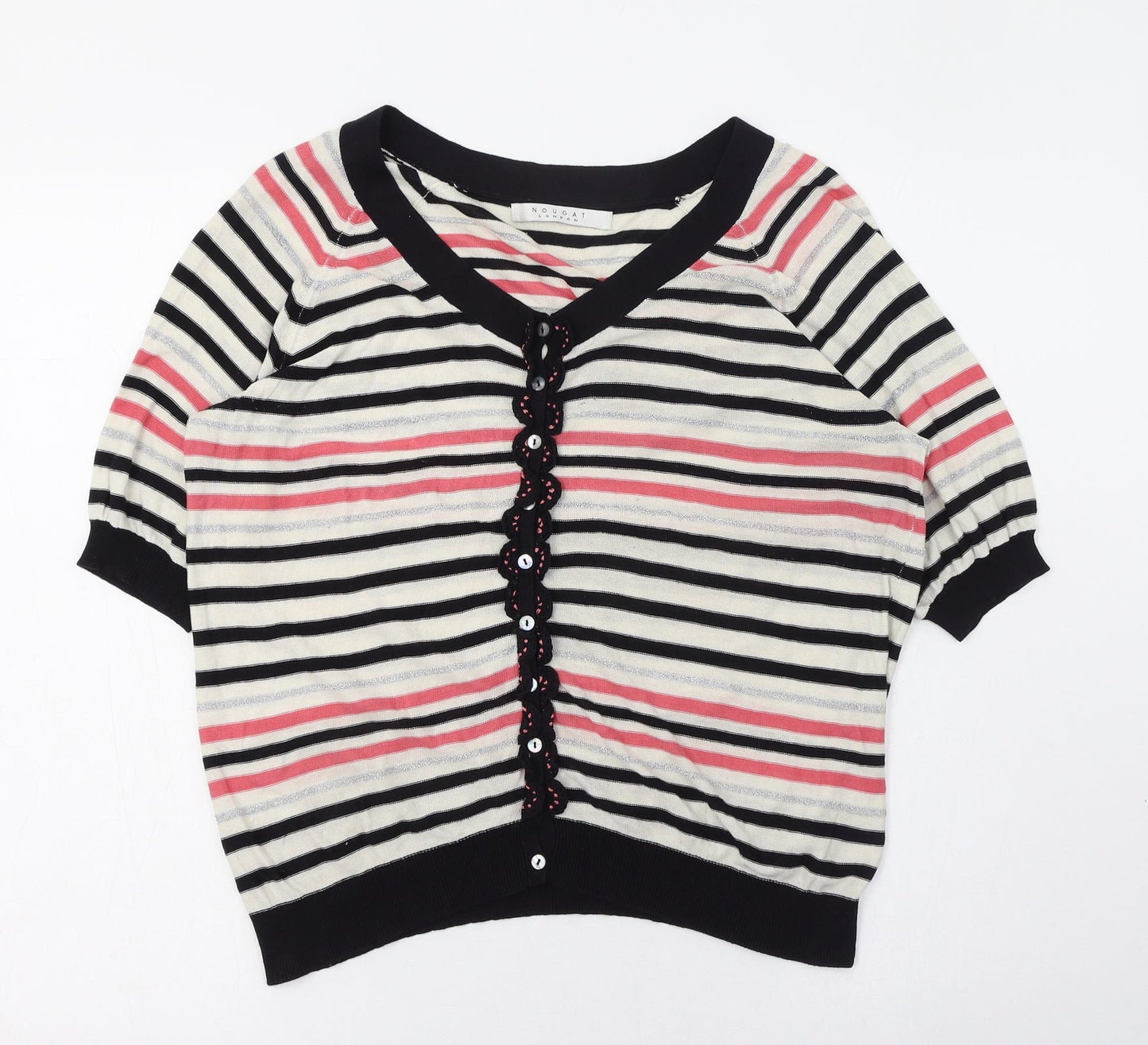 Nougat Womens Ivory Scoop Neck Striped Cotton Cardigan Jumper Size 4