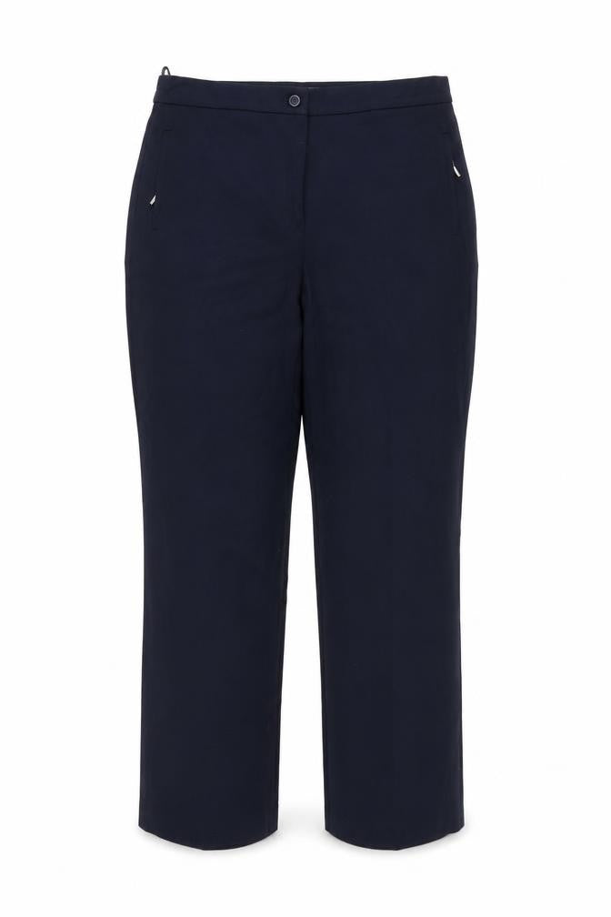 Front view of Marks & Spencer women’s blue polyester carrot trousers, size UK 14, 26-inch leg regular zip