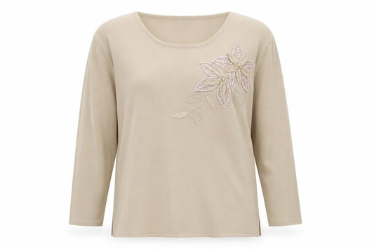 Front view of Angelina women’s beige round neck viscose jumper, size M