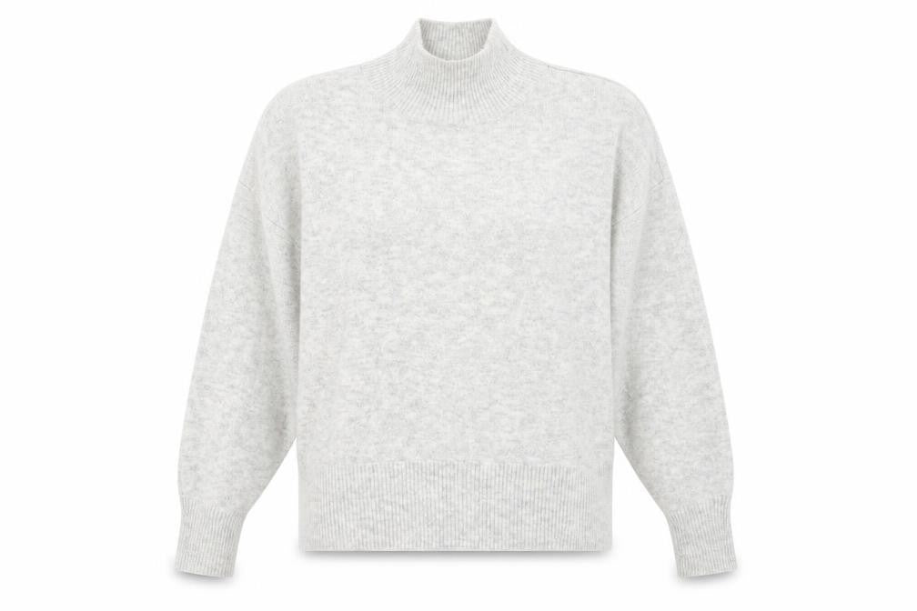 Front view of H&N women’s grey high neck acrylic jumper, size M