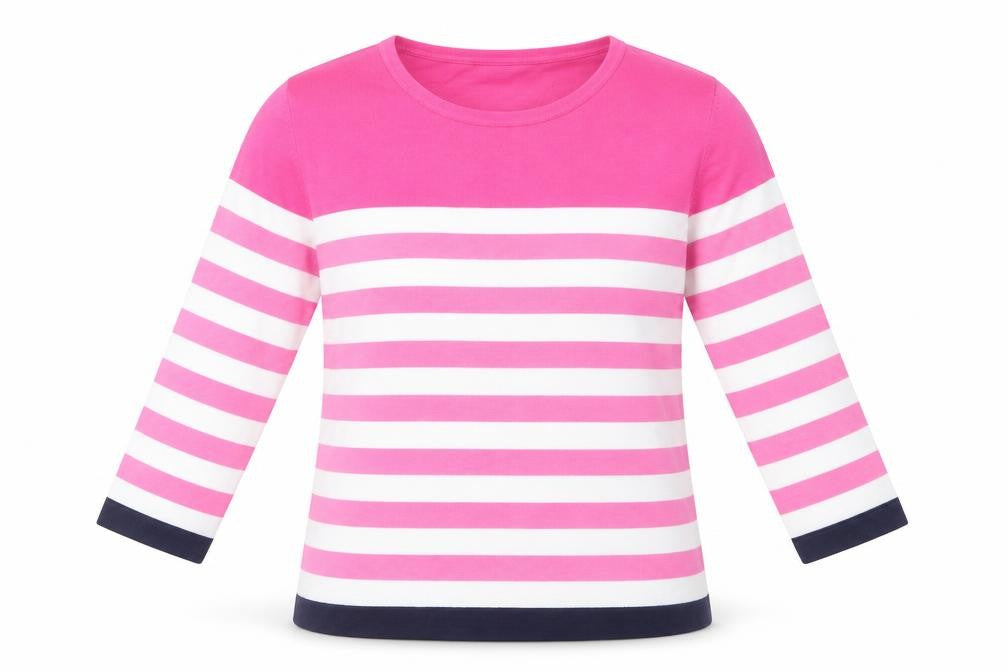Front view of Nina Murati women’s pink scoop neck striped viscose jumper, size M