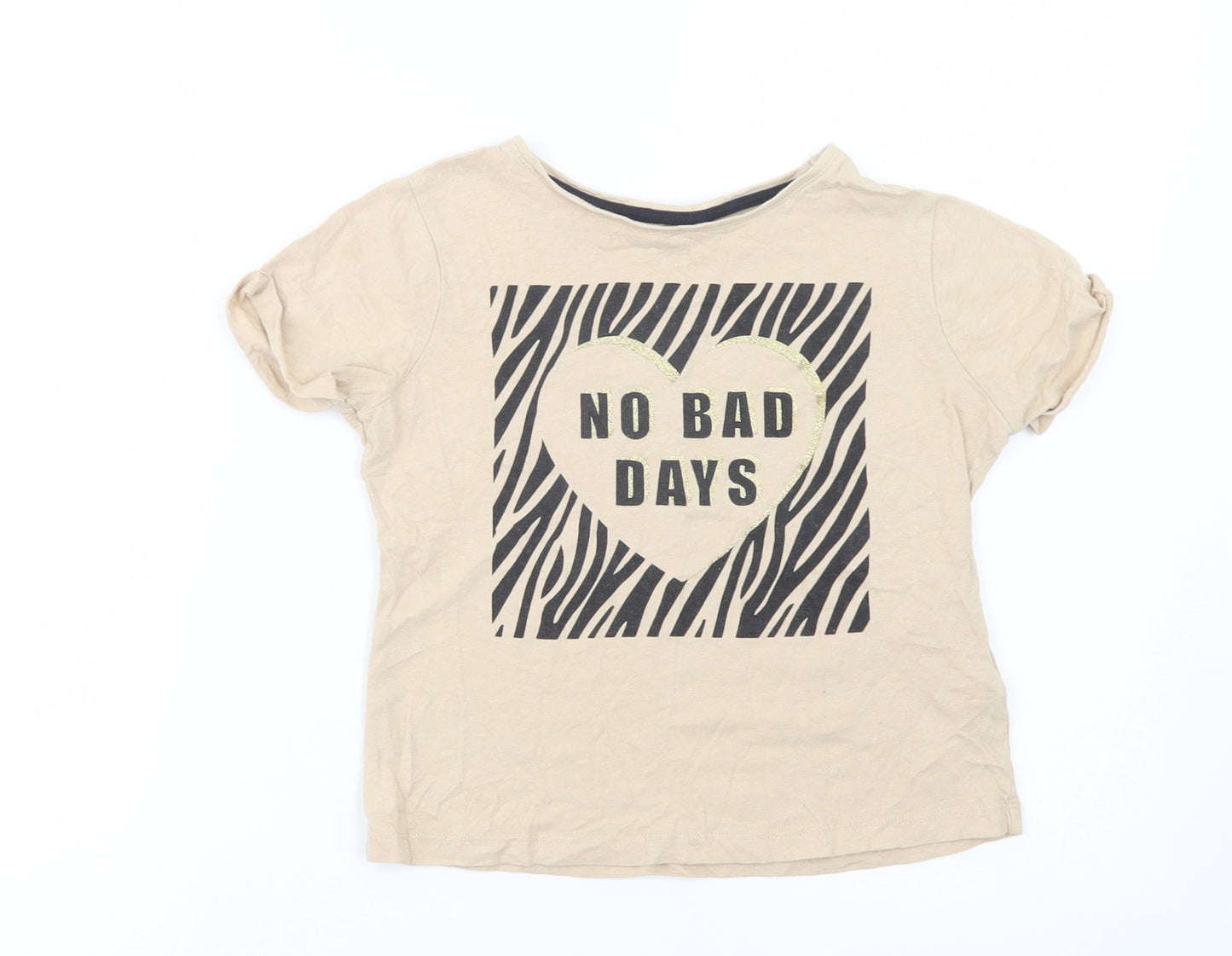 Primark Girls Beige  Cotton Basic T-Shirt Size 9-10 Years Crew Neck Pullover - No Bad Days