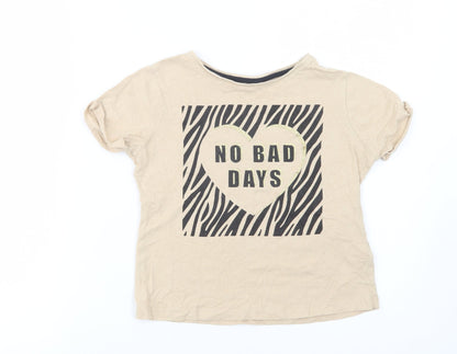 Primark Girls Beige  Cotton Basic T-Shirt Size 9-10 Years Crew Neck Pullover - No Bad Days
