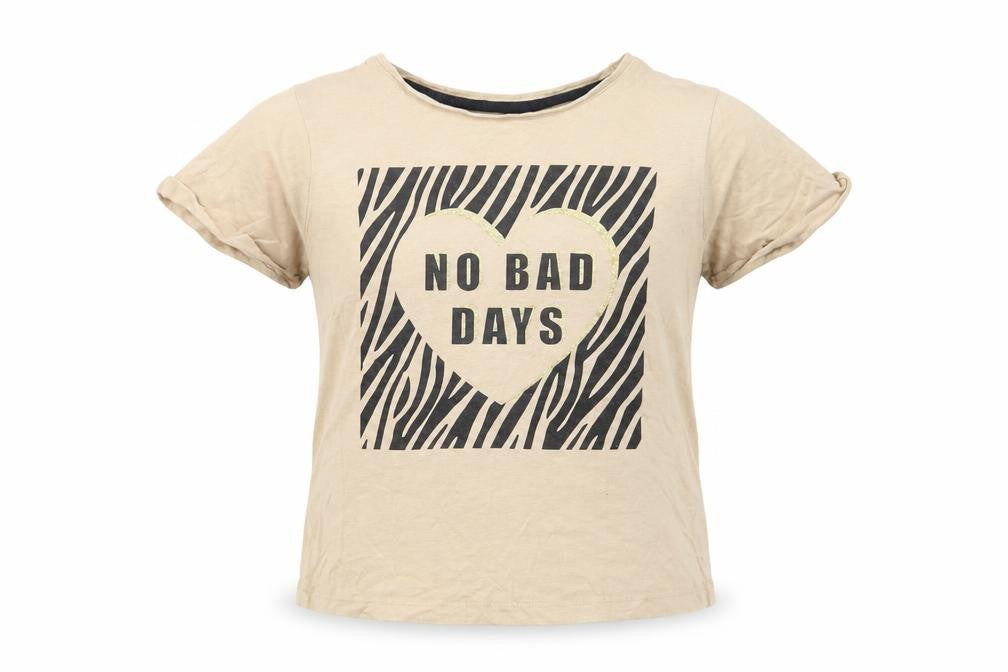 Front view of Primark girls’ beige cotton basic t-shirt, size 9-10, years crew neck pullover - no bad days