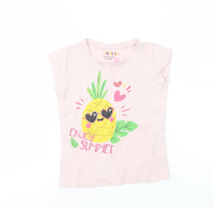 Young Style Girls Pink  Cotton Pullover T-Shirt Size 5-6 Years Crew Neck Pullover - Pineapple