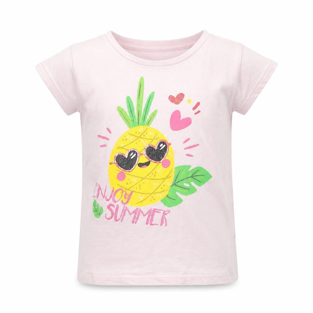 Front view of Young Style girls’ pink cotton pullover t-shirt, size 5-6, years crew neck pullover - pineapple