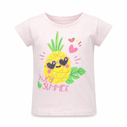 Front view of Young Style girls’ pink cotton pullover t-shirt, size 5-6, years crew neck pullover - pineapple