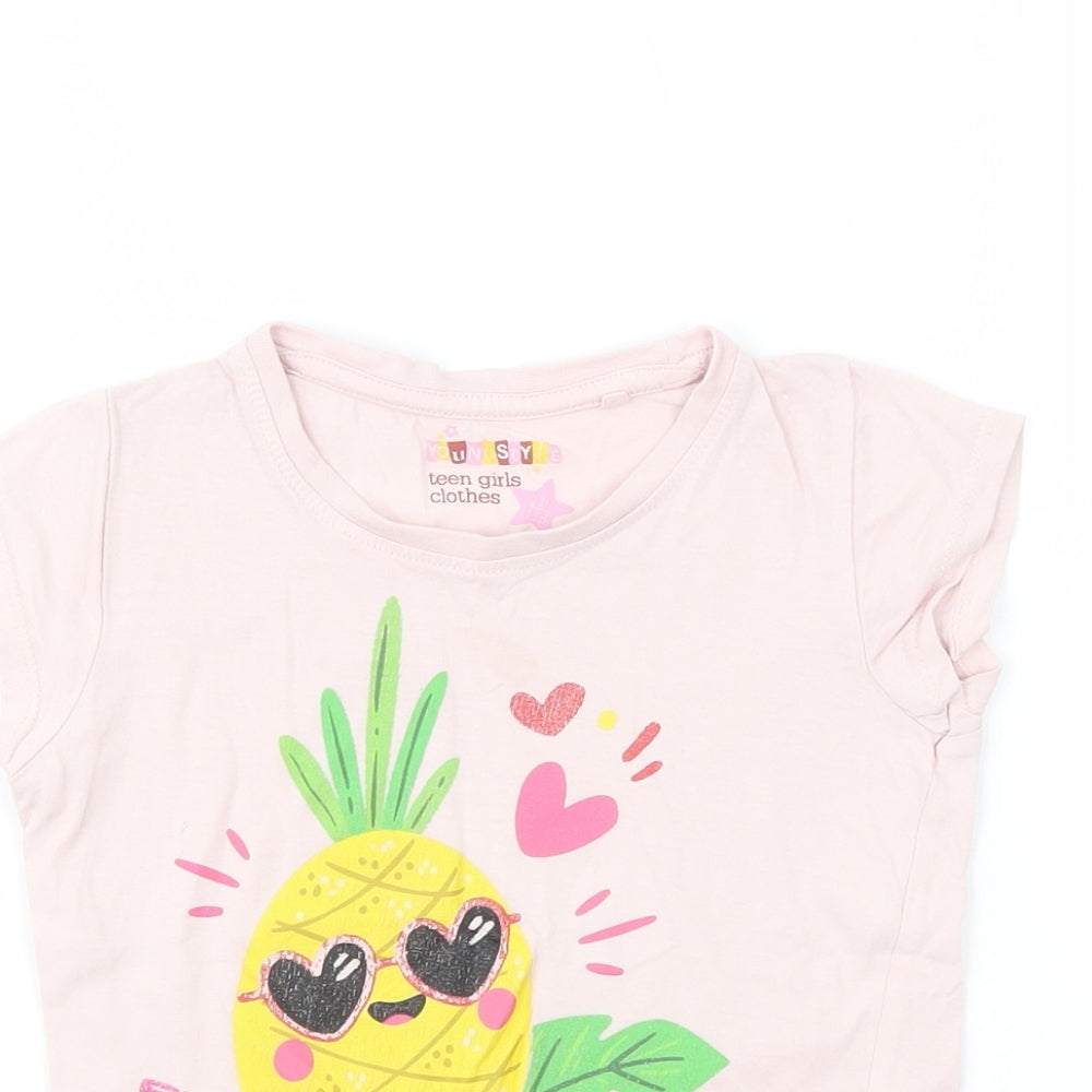 Young Style Girls Pink  Cotton Pullover T-Shirt Size 5-6 Years Crew Neck Pullover - Pineapple