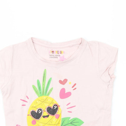 Young Style Girls Pink  Cotton Pullover T-Shirt Size 5-6 Years Crew Neck Pullover - Pineapple
