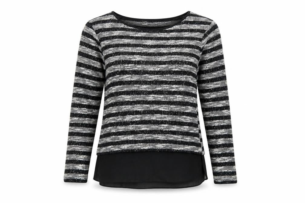 Front view of Oasis women’s black crew neck striped acrylic jumper, size XS