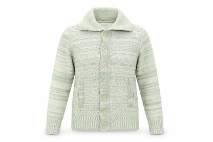 Front view of Cassidy women’s green collared wool cardigan jumper, size S