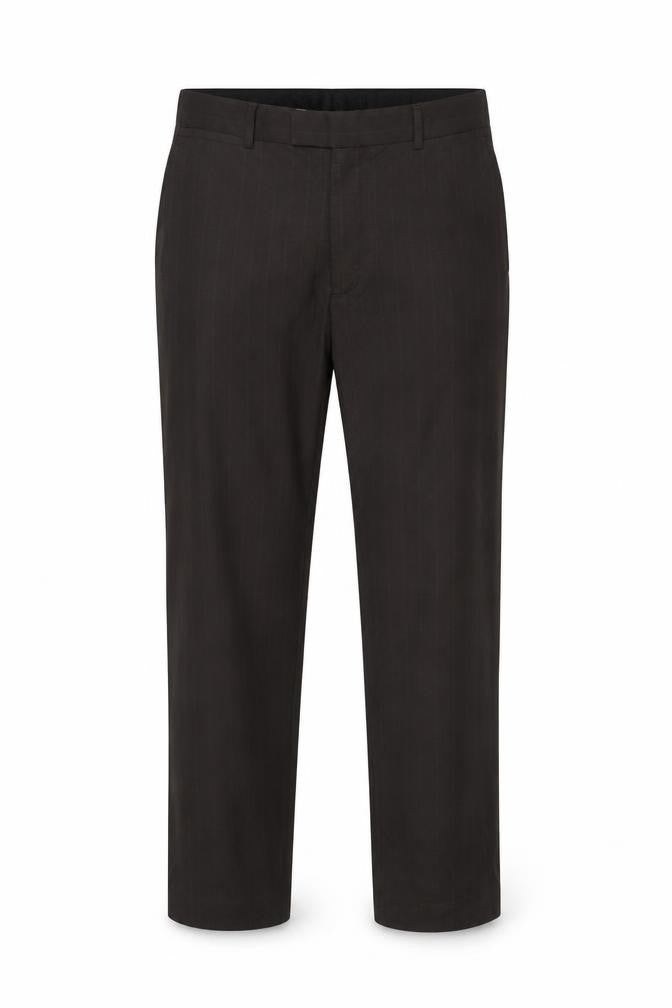 Front view of Burton men’s brown striped polyester dress pants trousers, size 38, in, 31-inch leg regular button