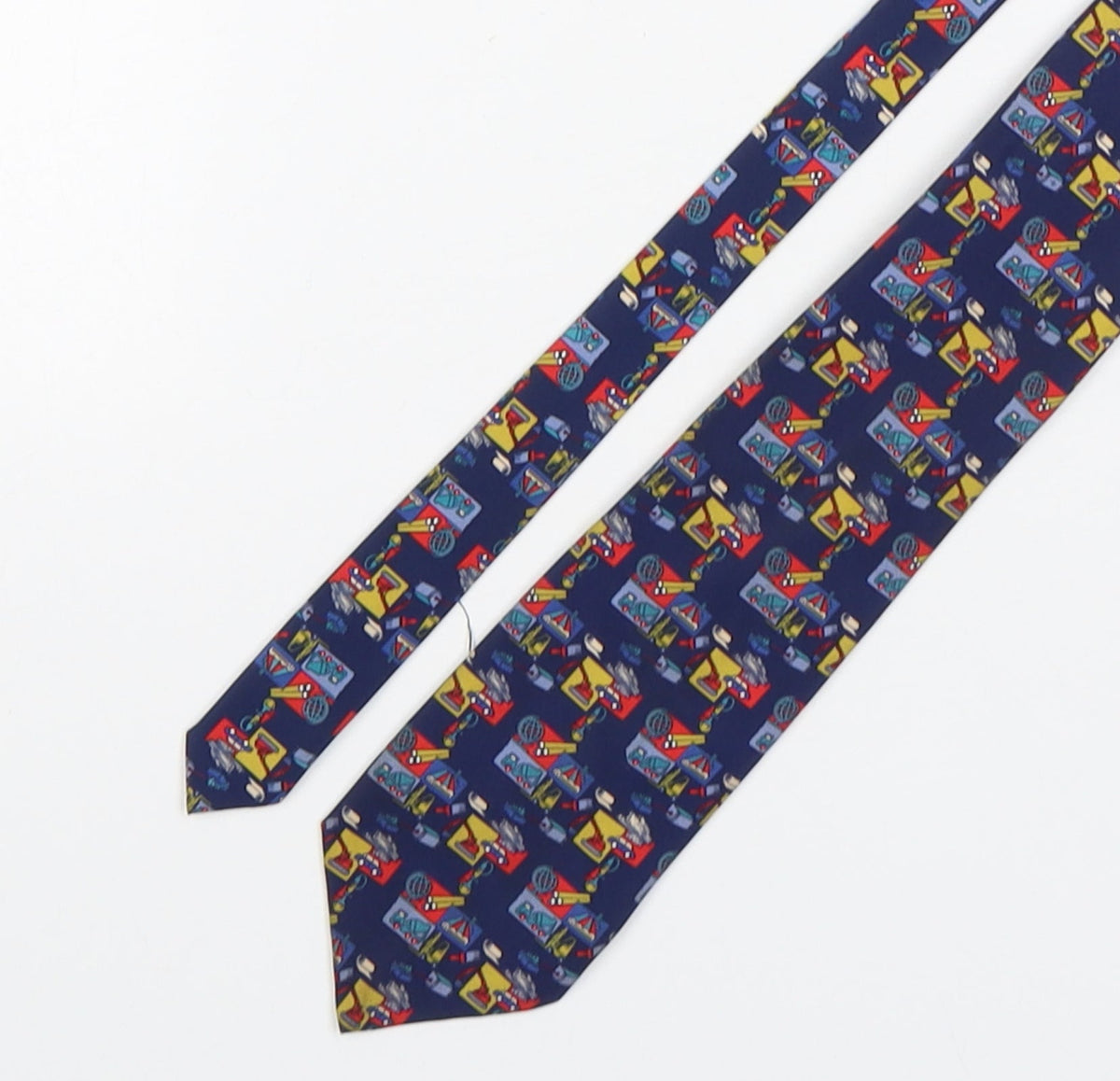 Additional front view of Vinuchi men’s multicoloured geometric polyester pointed tie one size - diggers & trucks