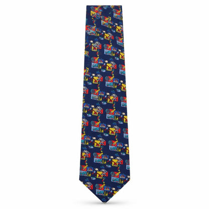 Front view of Vinuchi men’s multicoloured geometric polyester pointed tie one size - diggers & trucks