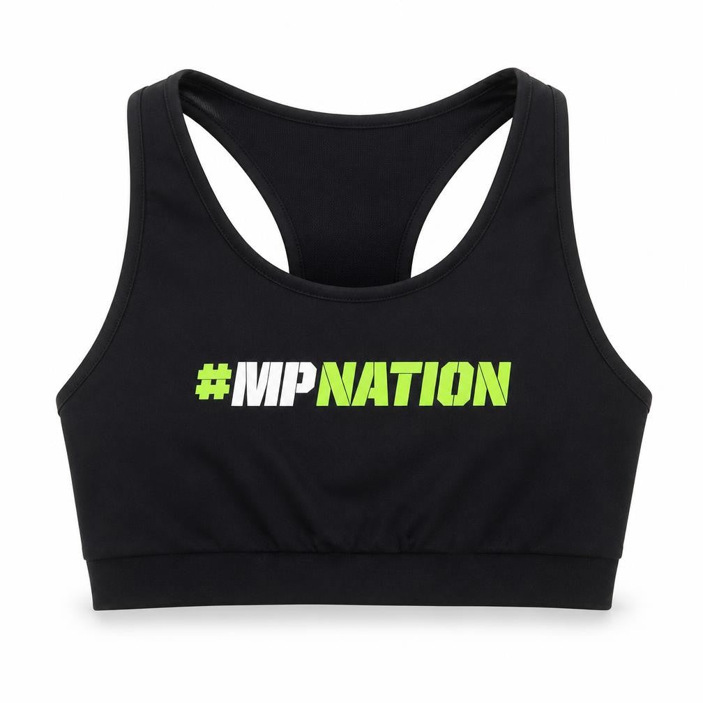 Front view of MusclePharm women’s black polyester cropped tank, size M, scoop neck pullover